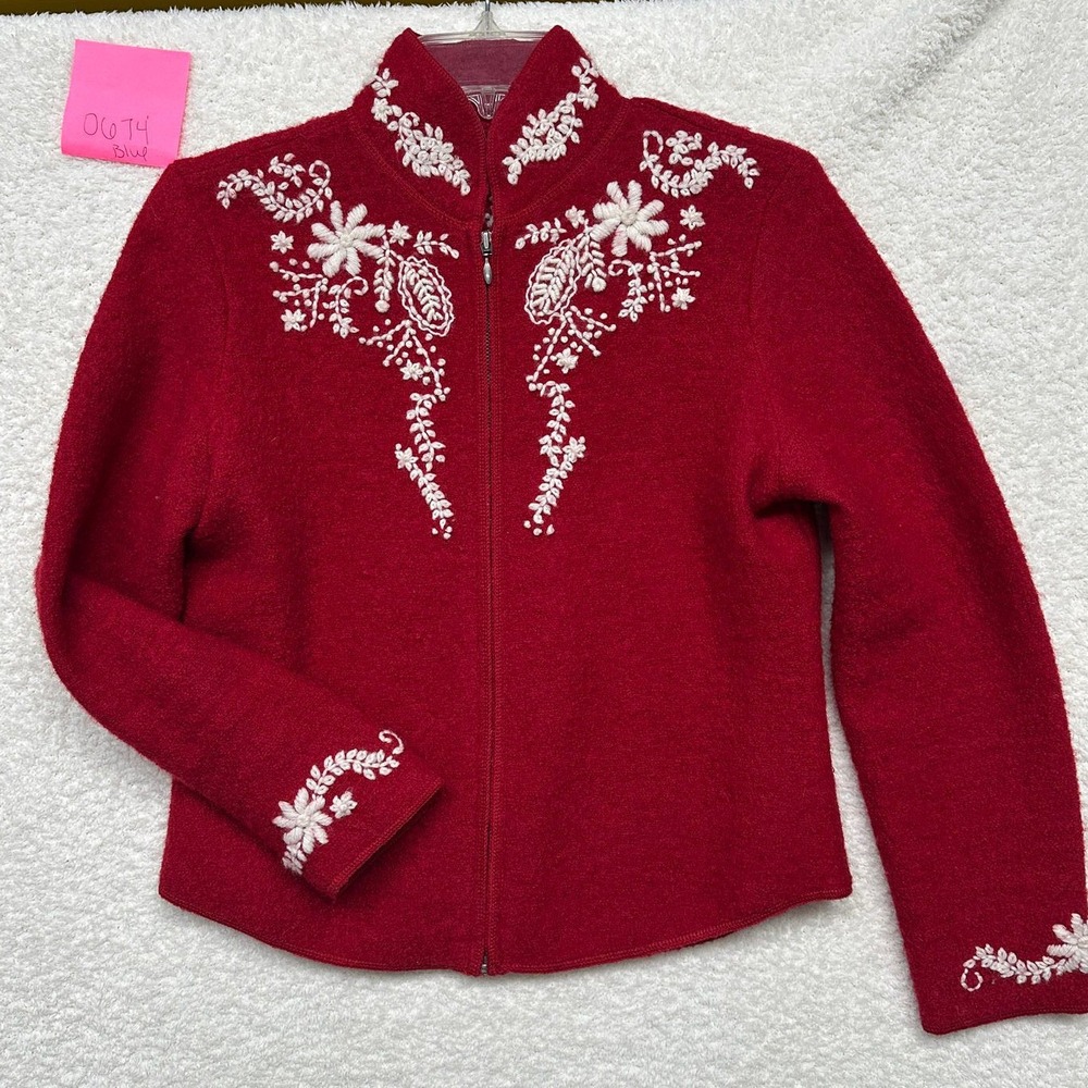 Vintage Red Embroidered Christmas Tree Wool Zip Up Cardigan Jacket Women